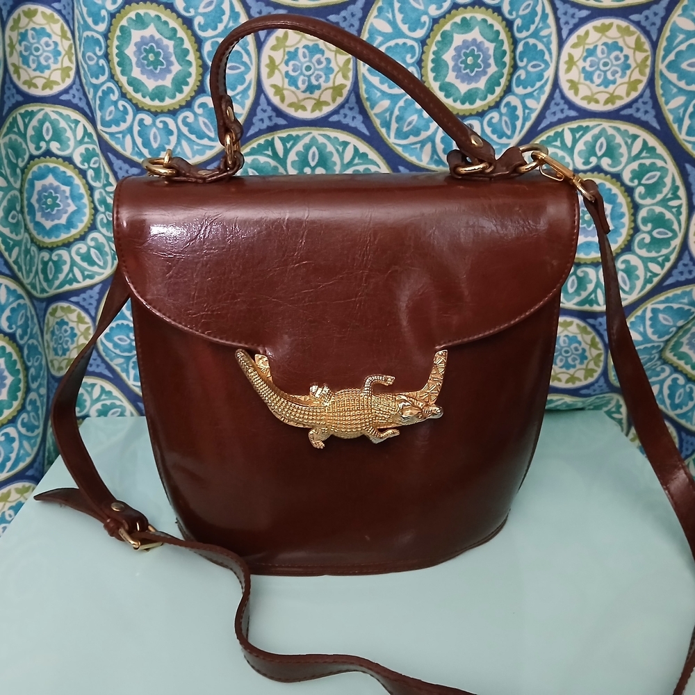 Chic Brown Crossbody Bag with Gold Crocodile detail.